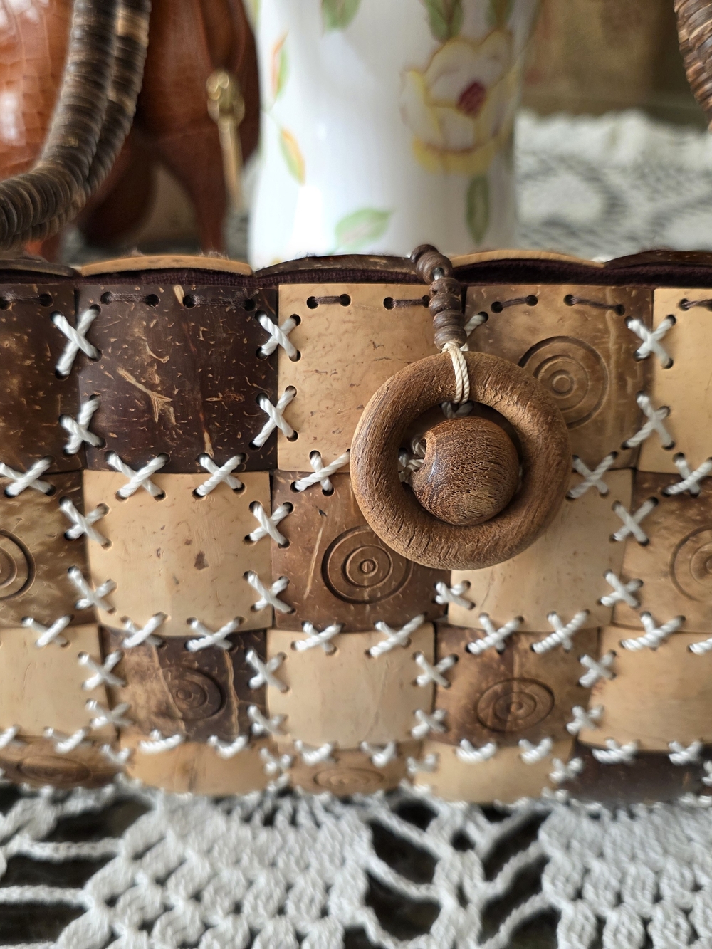 Coconut Shell Checkerboard Handbag Wooden Beaded Handle Boho Artisan Purse - Picture 3 of 8